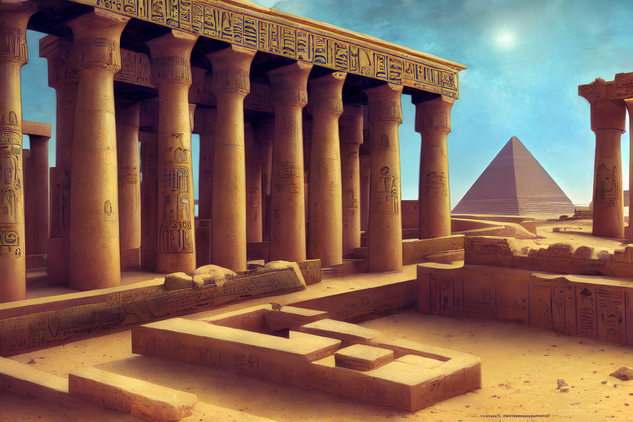 Ancient Egyptian Temple with Hieroglyph-Adorned Columns and Pyramid in Clear Sky