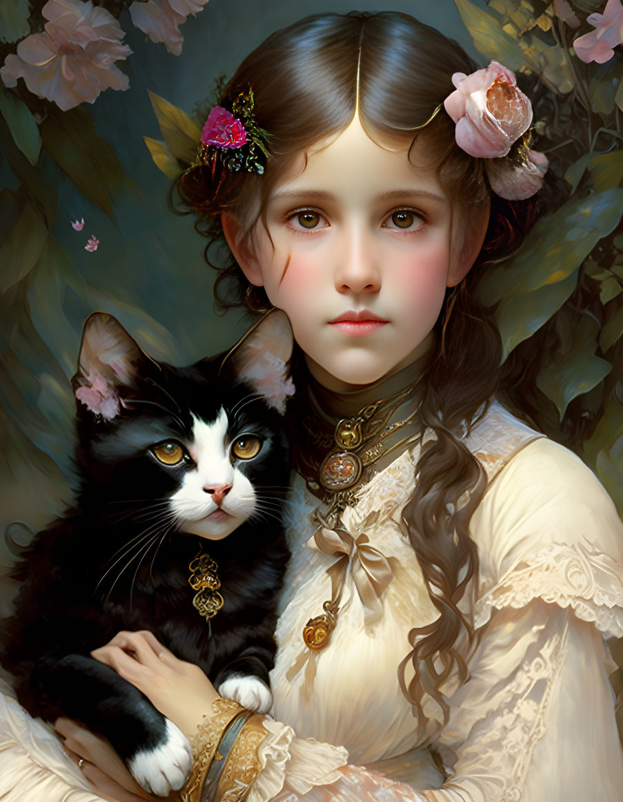 Digital painting of serene young girl with black and white cat in floral accessories.