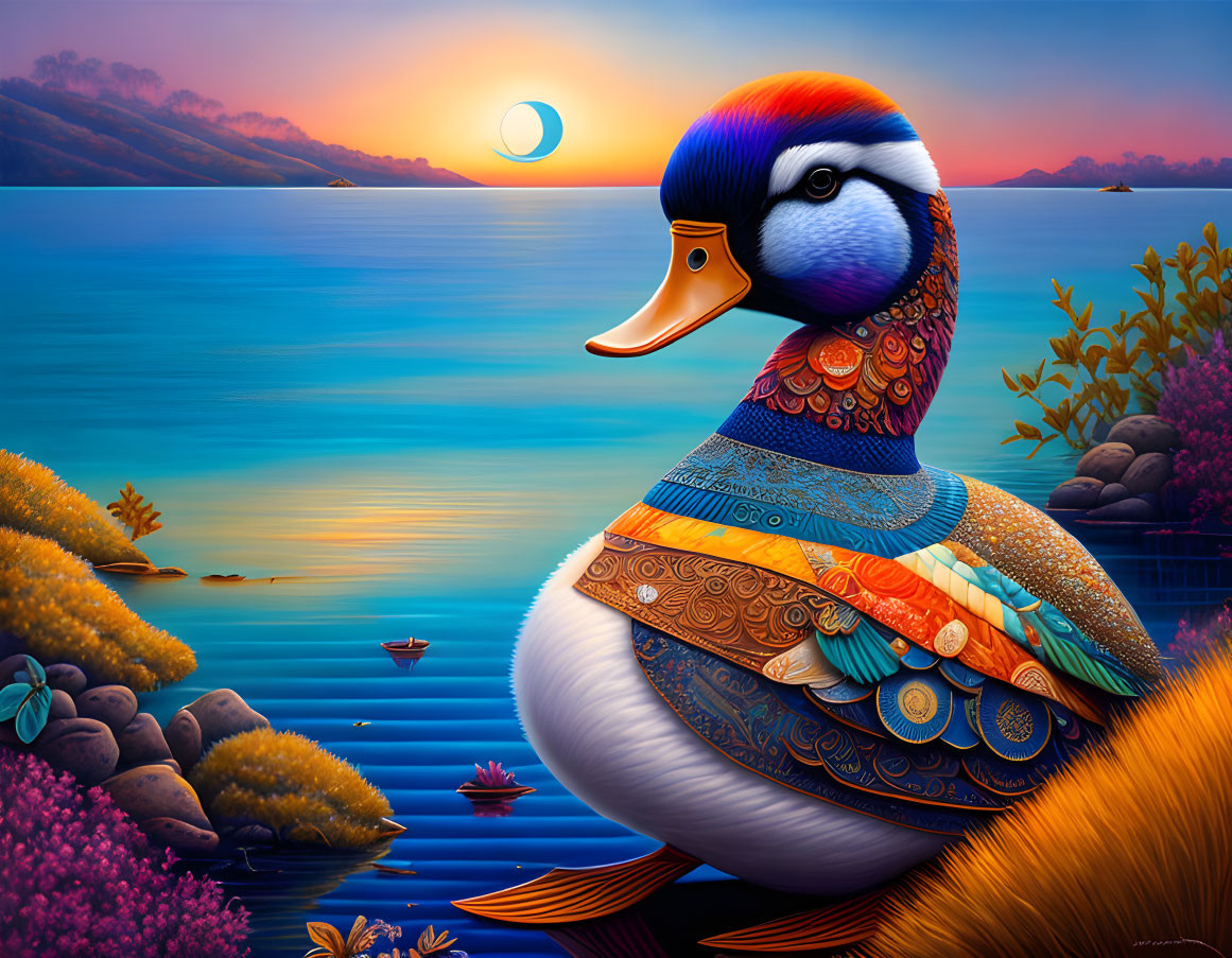Colorful ornate duck on water with sunset and crescent moon in surreal digital artwork