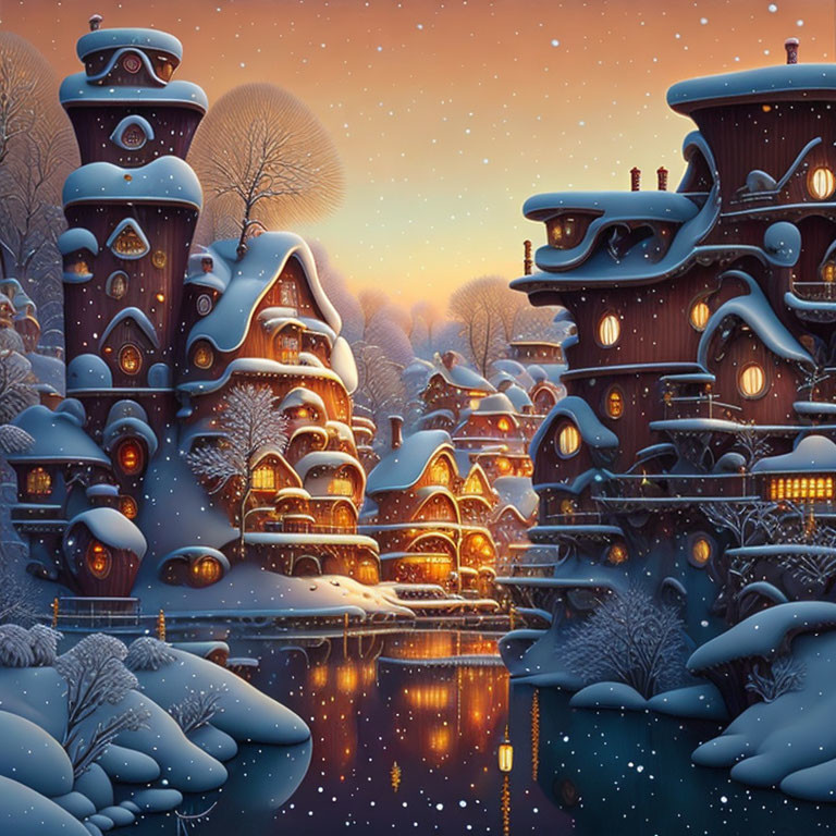 Snow-covered fairytale village at night with glowing windows, snow-laden trees, and starry
