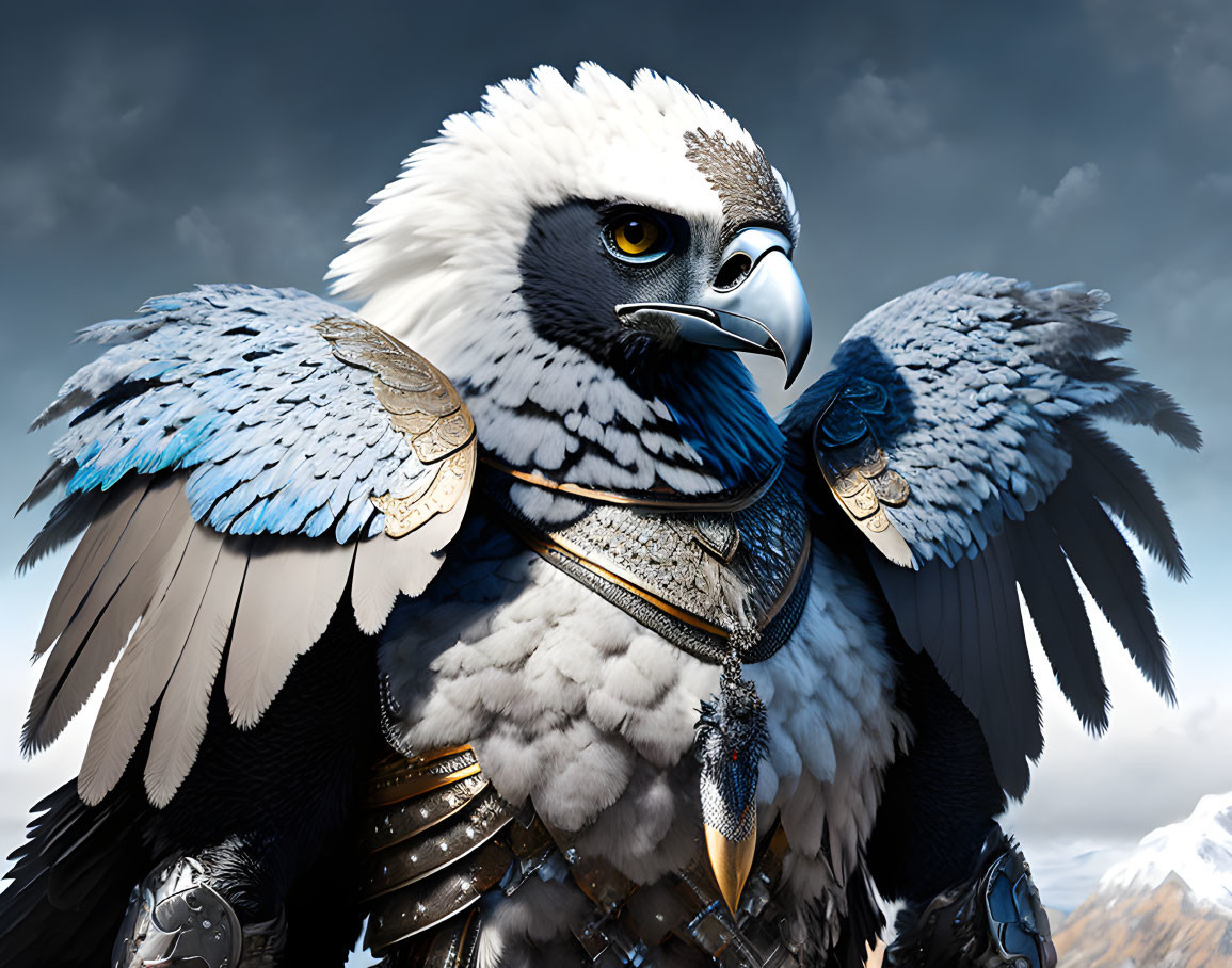 Majestic anthropomorphic eagle in blue and white armor against cloudy sky