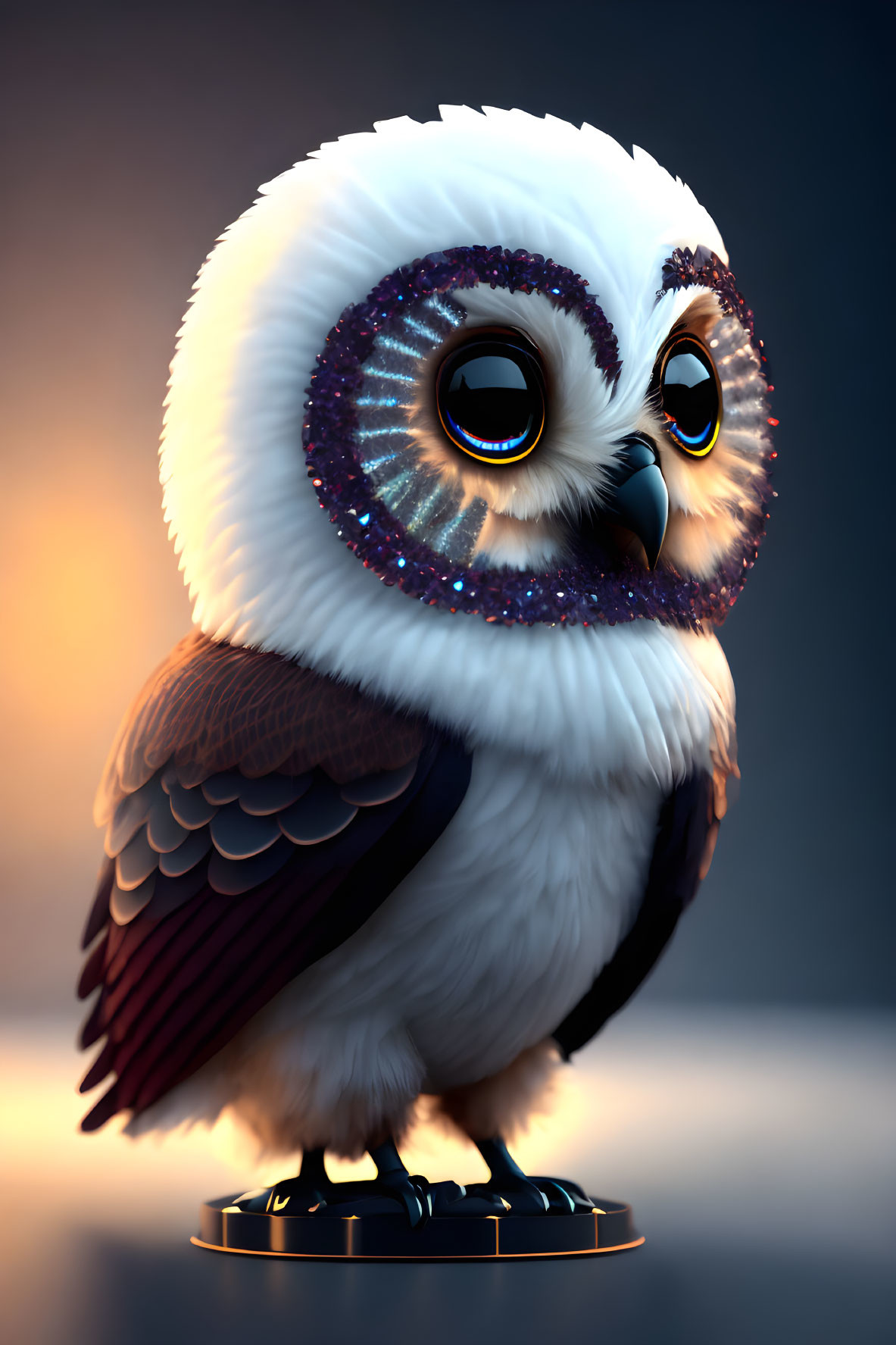 Stylized digital illustration of cute owl with oversized sparkling eyes, white and purple feathers