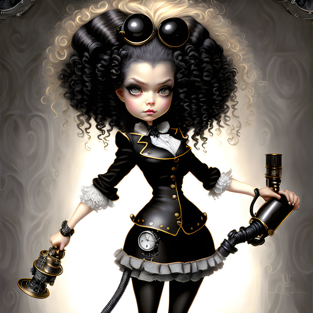 Steampunk-inspired character with large eyes and curly hair in Victorian attire