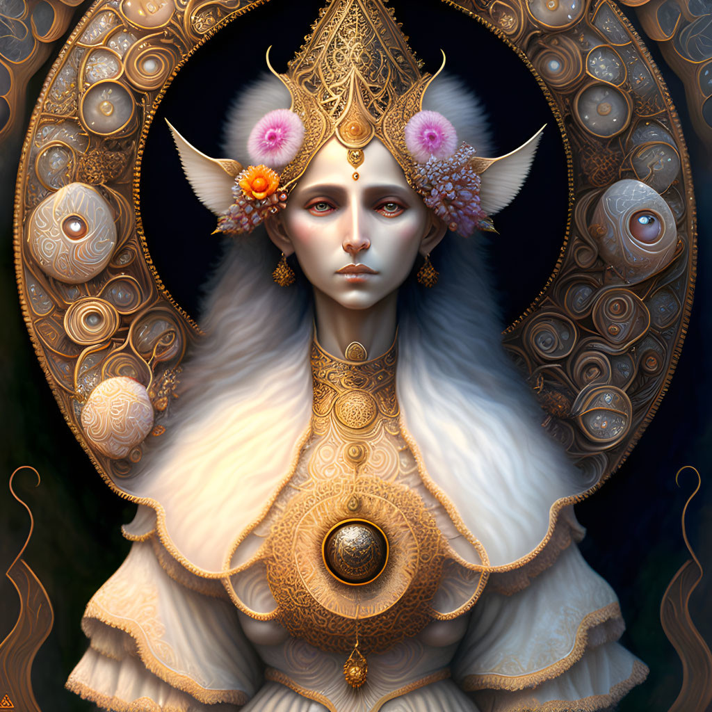 Mythical figure illustration: pale skin, golden headgear, intricate jewelry, white fur collar