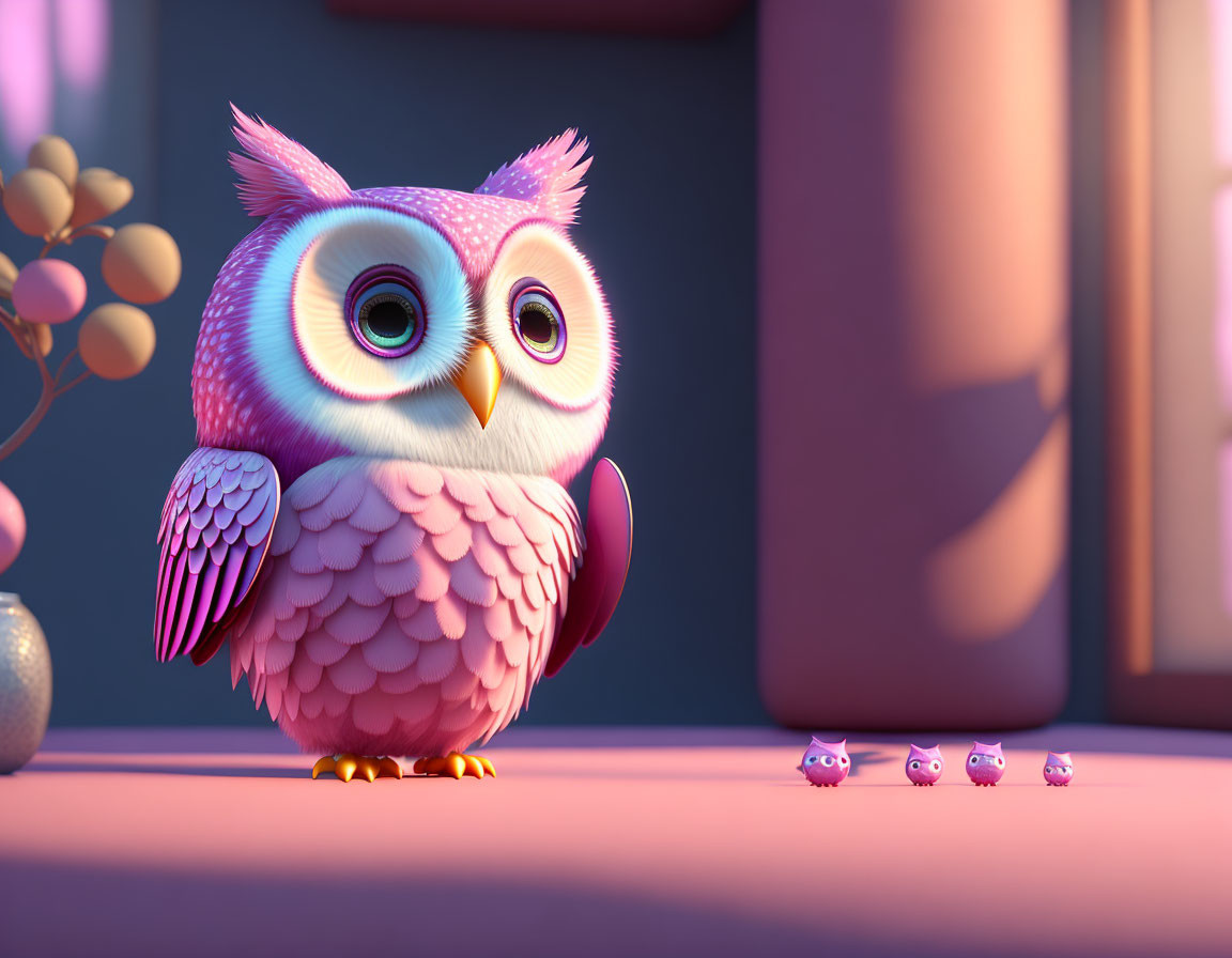 Pink stylized owl with large eyes and mini versions next to potted plant