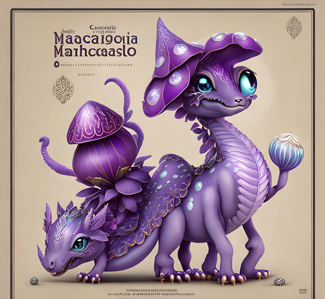 Purple Fantasy Dragon Creatures with Mushroom Features on Cyrillic Background