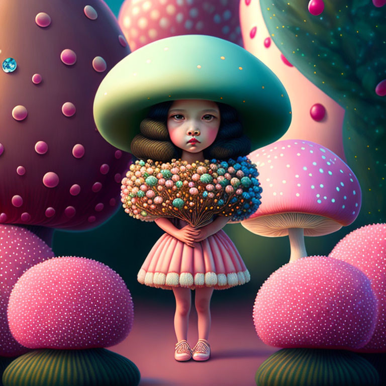 Illustration of girl with sad eyes in vibrant mushroom forest