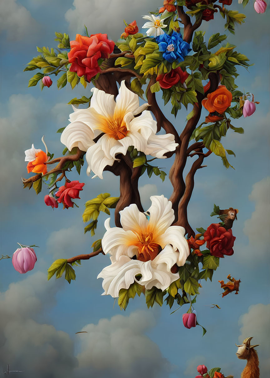 Colorful surreal tree illustration with oversized flowers and small animals under cloudy sky