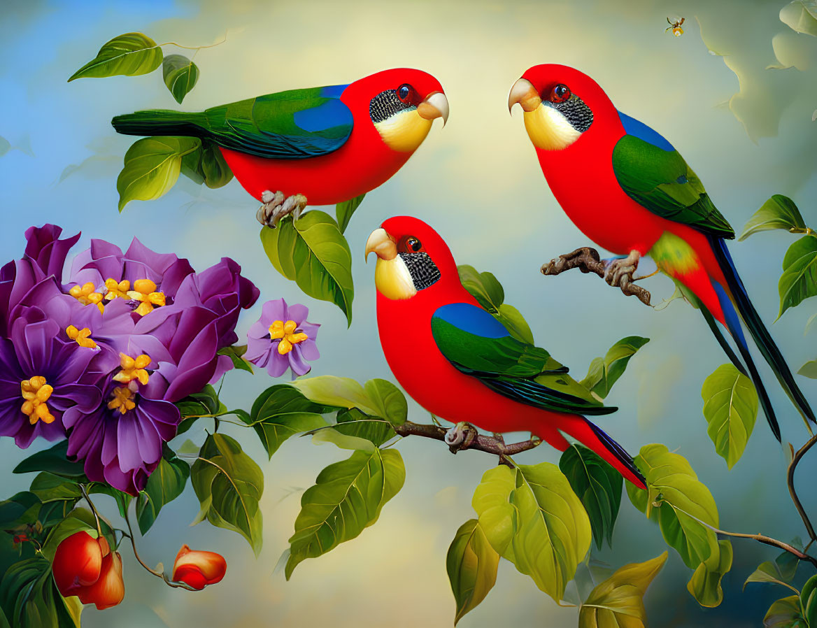 Colorful Parrots on Branches with Green Leaves, Purple Flowers, and Fruits