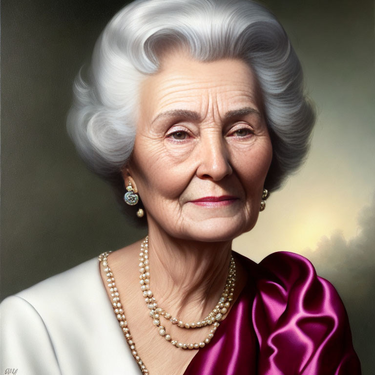 Elegant elderly woman with gray hair, pearl jewelry, and fuchsia blouse