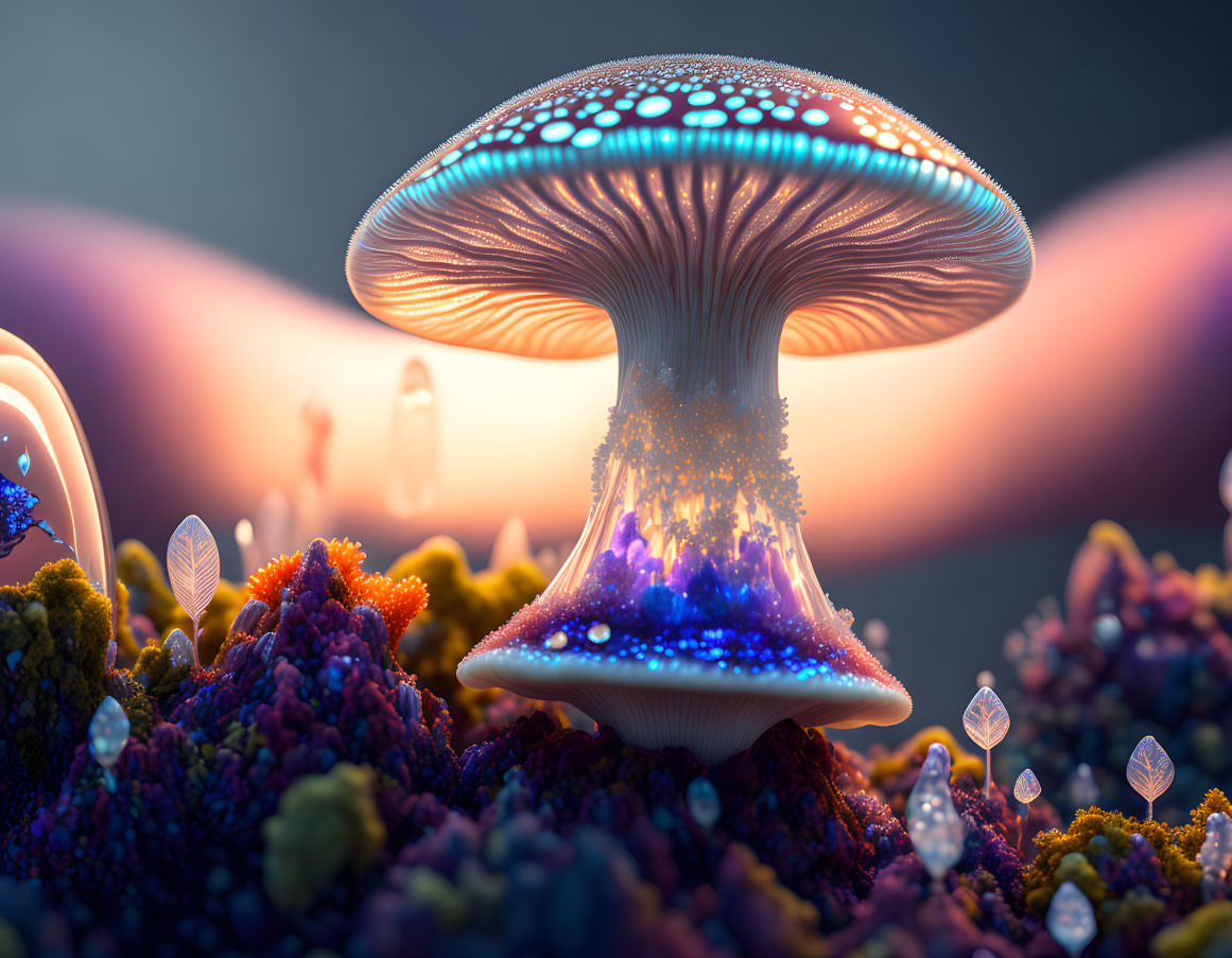 Fantasy landscape with bioluminescent mushrooms and vibrant flora