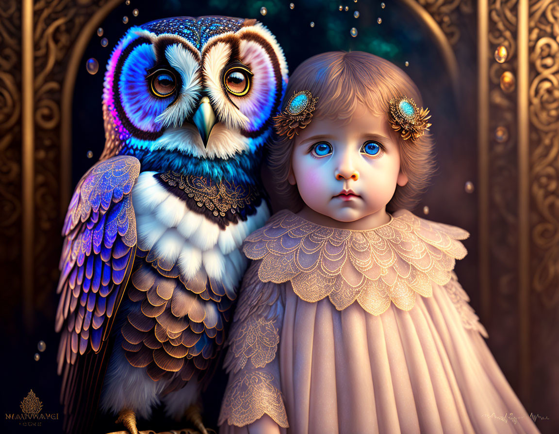 Stylized image of child and owl with large eyes in feathered dress