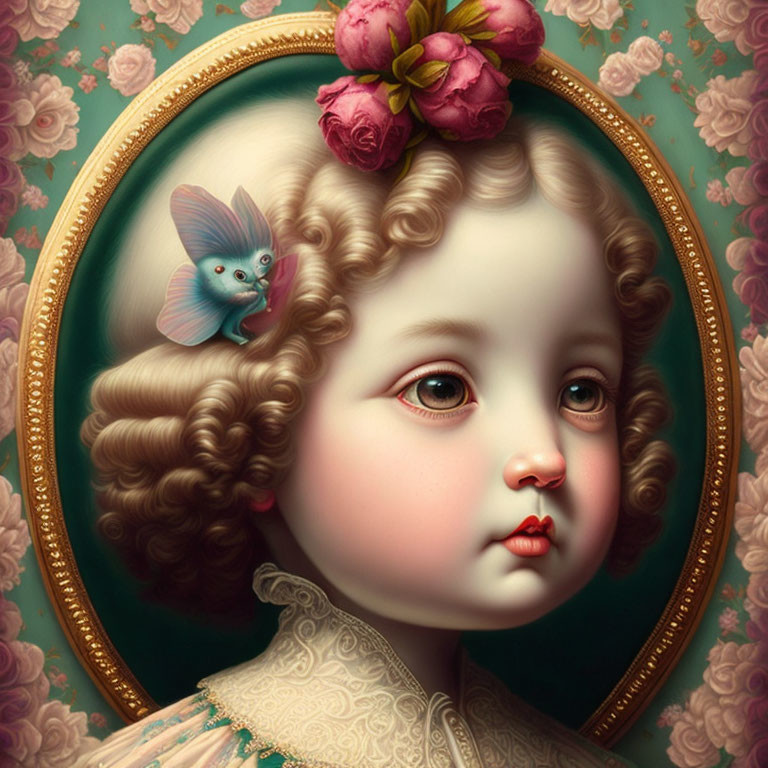 Stylized portrait of young girl with large eyes and curly hair