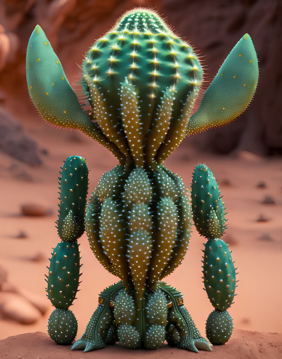 Anthropomorphic cactus in surreal desert setting
