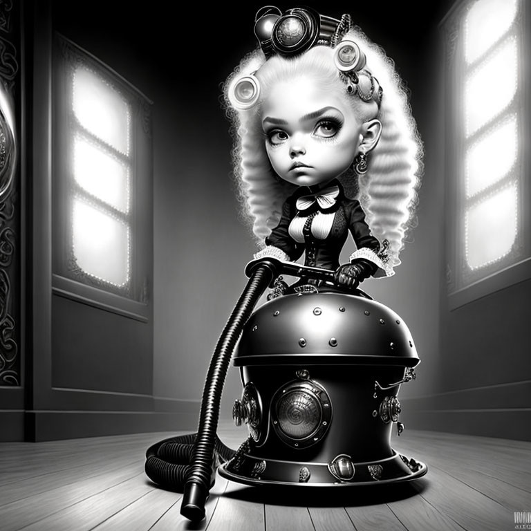Monochrome stylized animated girl with large eyes and curly hair holding a vintage vacuum cleaner in austere