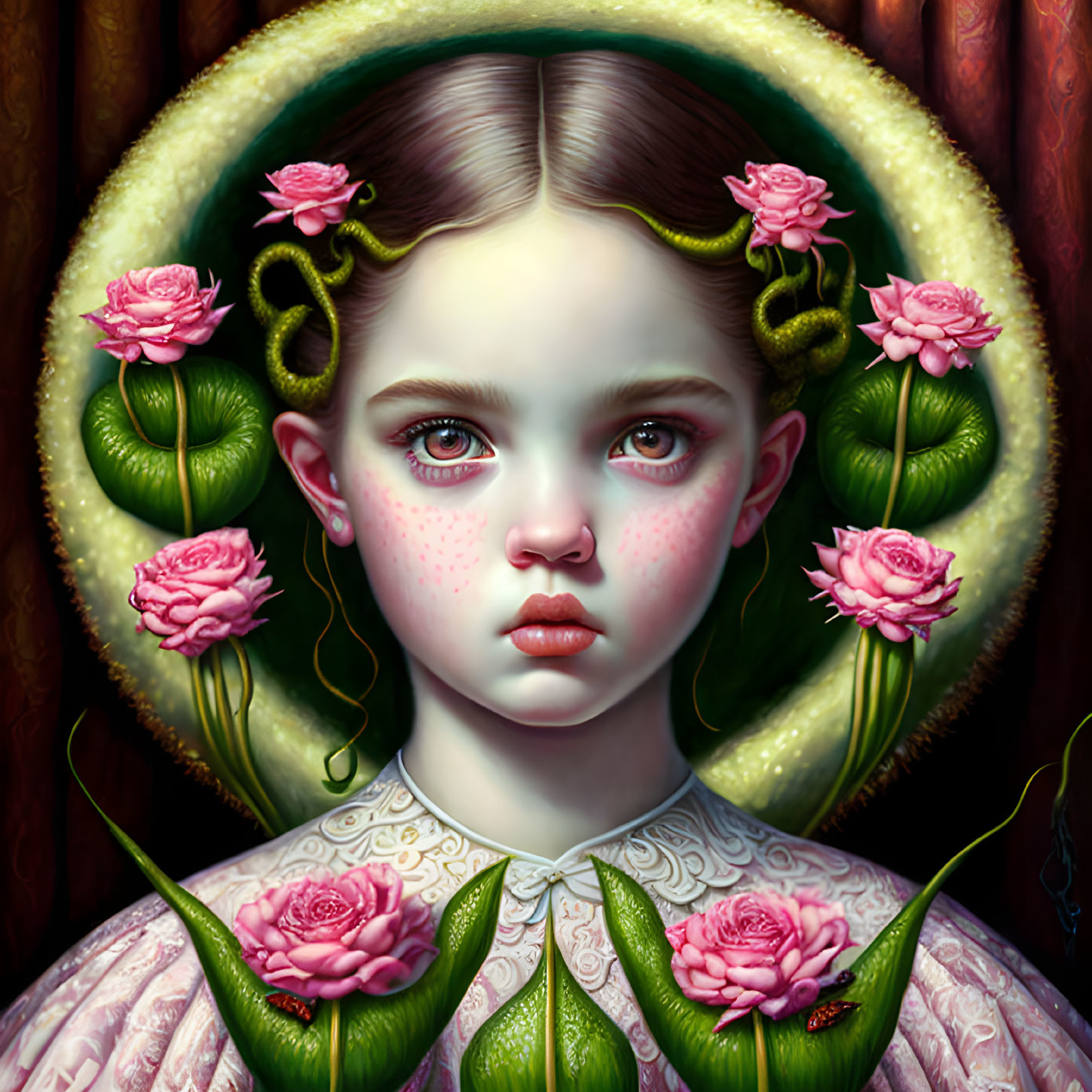 Surreal portrait of girl with rose halo and floral motifs