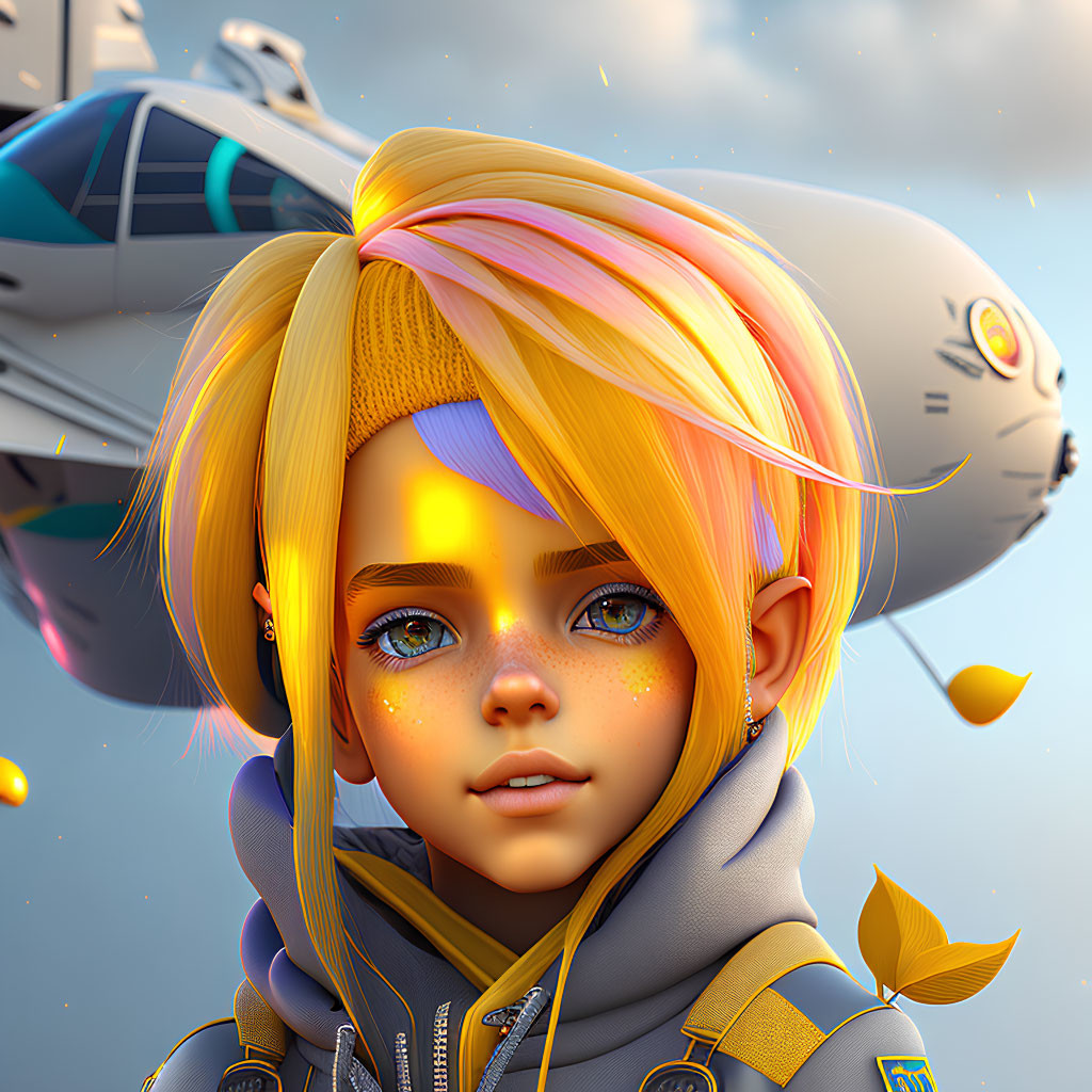 Colorful Hair Child in Hoodie with Blimp Background