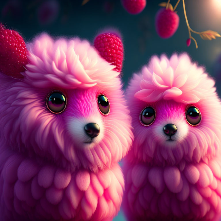Fluffy Pink Fantasy Creatures in Dreamy Berry Surroundings