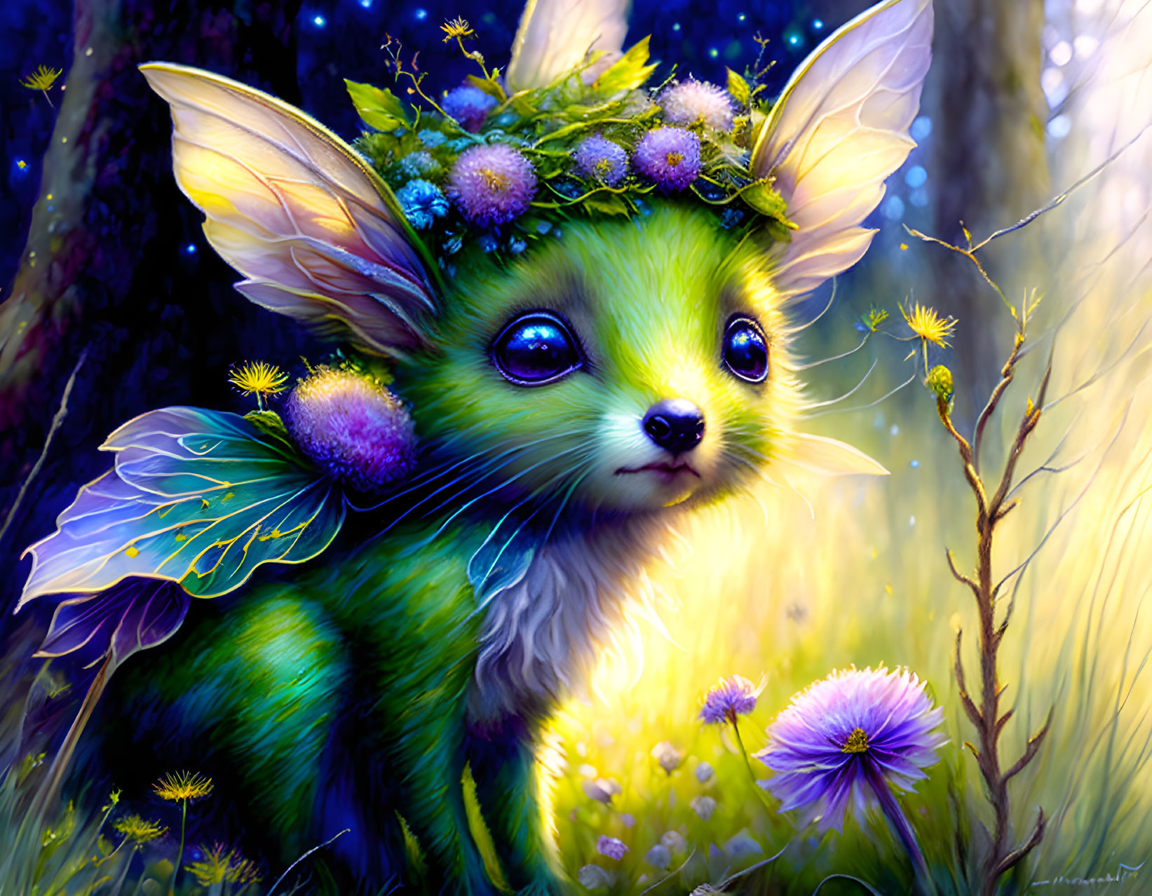Enchanted forest scene with fawn-like creature, floral crown, and wings