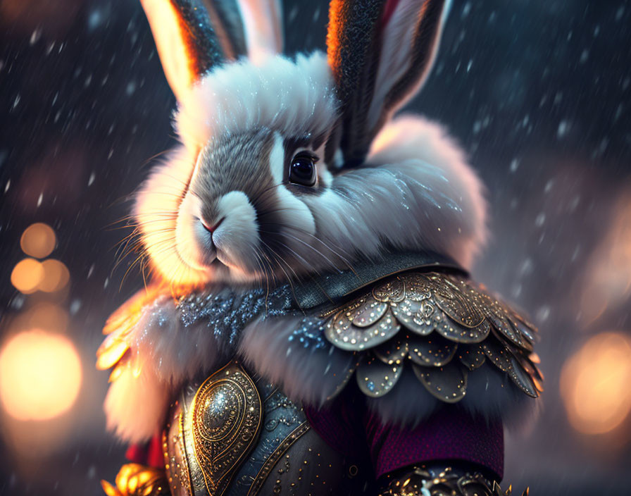 Majestic rabbit in ornate armor amid snow and warm lights
