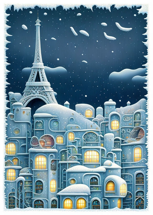 Whimsical Eiffel Tower in Snowy Paris Scene