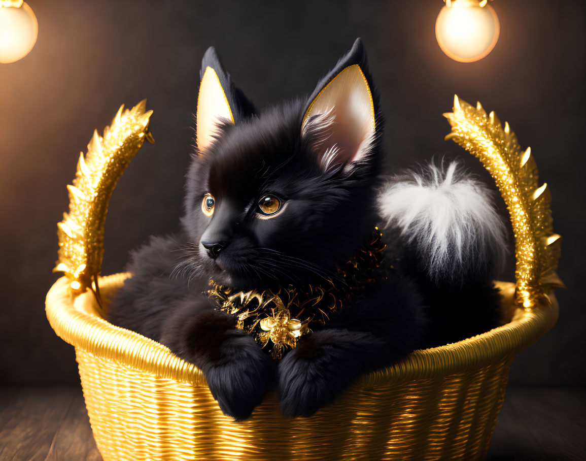 Luxurious Black Fox in Ornate Golden Basket with Bright Eyes and Fluffy Fur