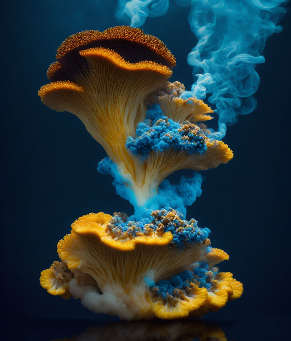 Colorful orange and blue mushrooms in a dark setting with wispy blue smoke.