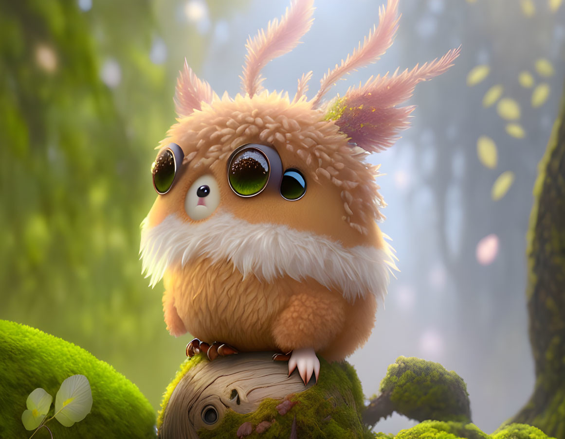 Fluffy creature with big eyes on mossy log in sunlit forest