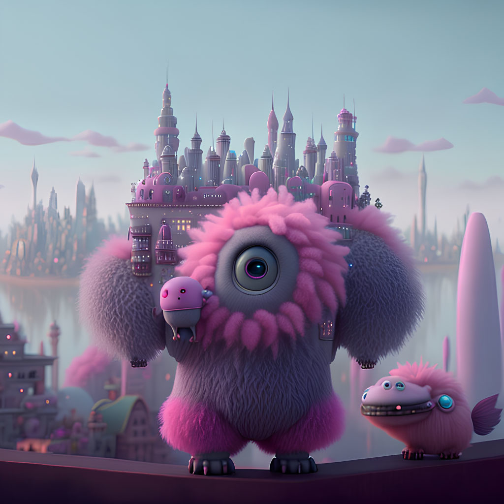 Purple one-eyed fluffy creature and companion gaze at fantastical cityscape at dusk