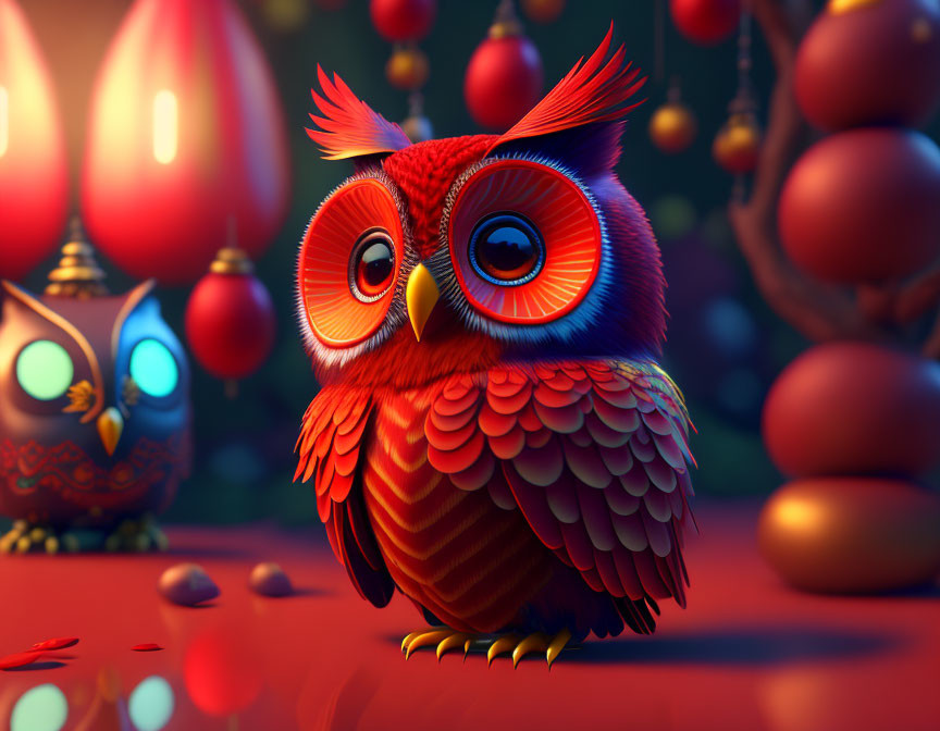 Colorful 3D illustration of a red and orange owl in festive setting