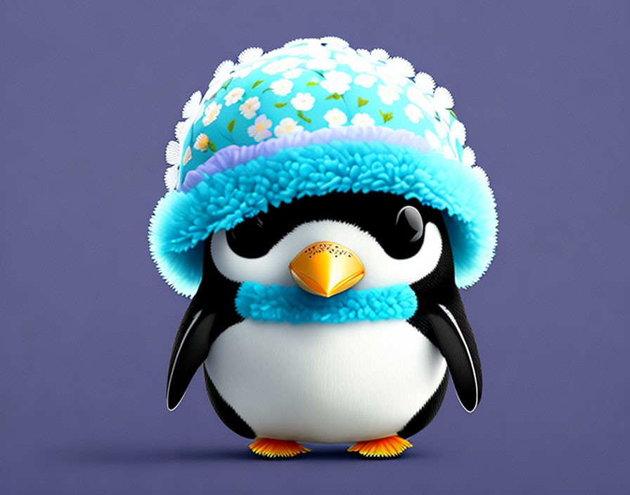 Illustration of penguin in blue floral hat and earmuffs on purple background