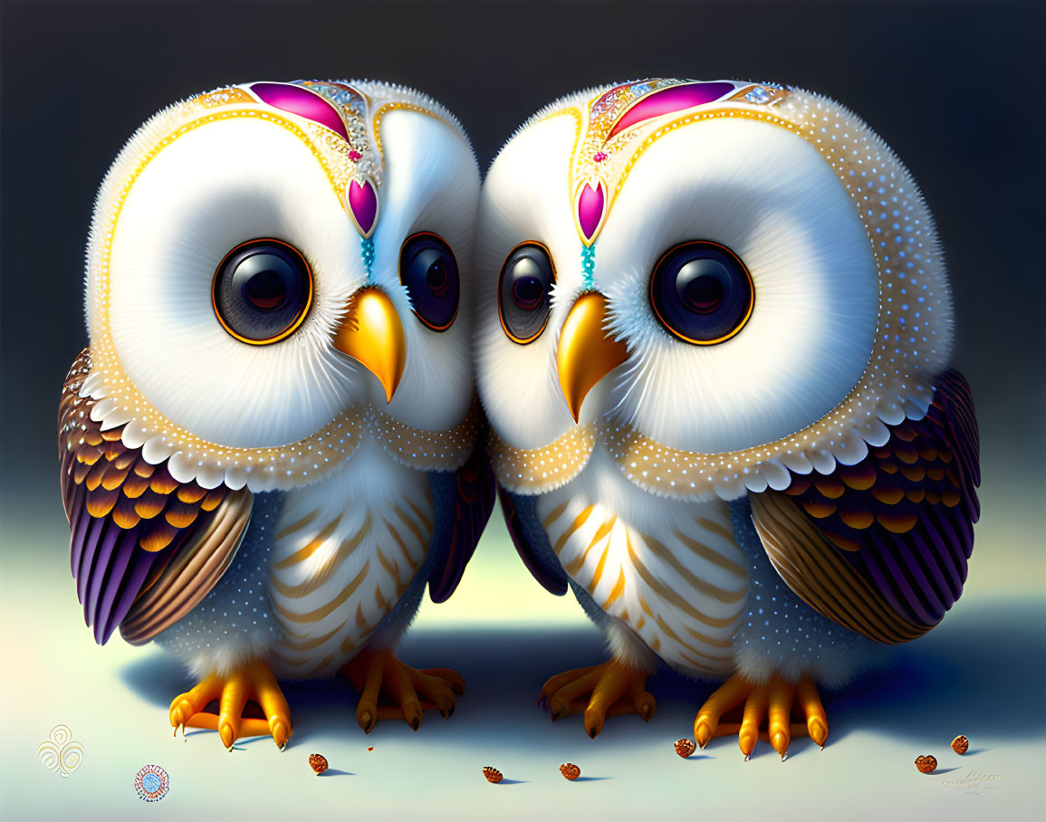 Colorful Stylized Owls with Elaborate Feather Patterns and Decorative Headpieces