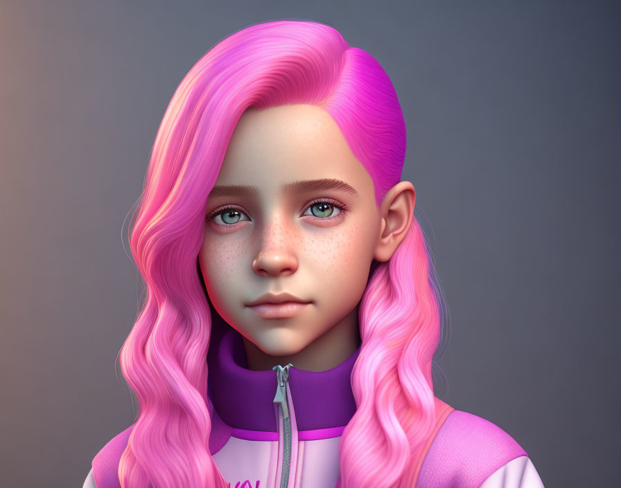 Character with Vibrant Pink Hair, Freckles, Blue Eyes, Purple Outfit