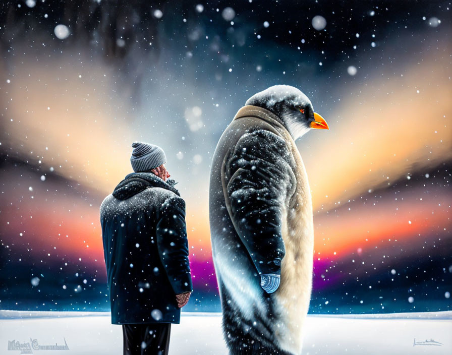 Person and penguin under twilight sky with falling snowflakes