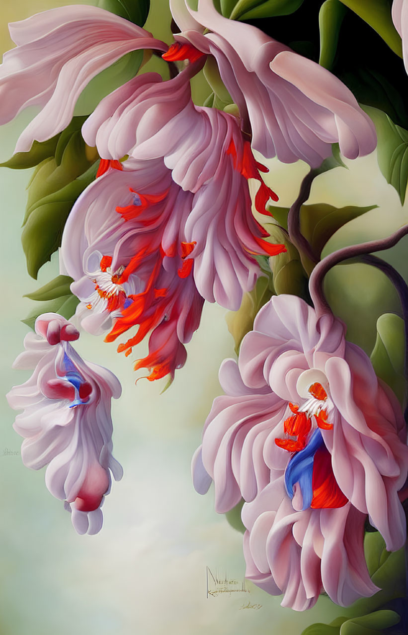 Surreal painting of delicate pink flowers with flowing petal-like fabric, accented in red and