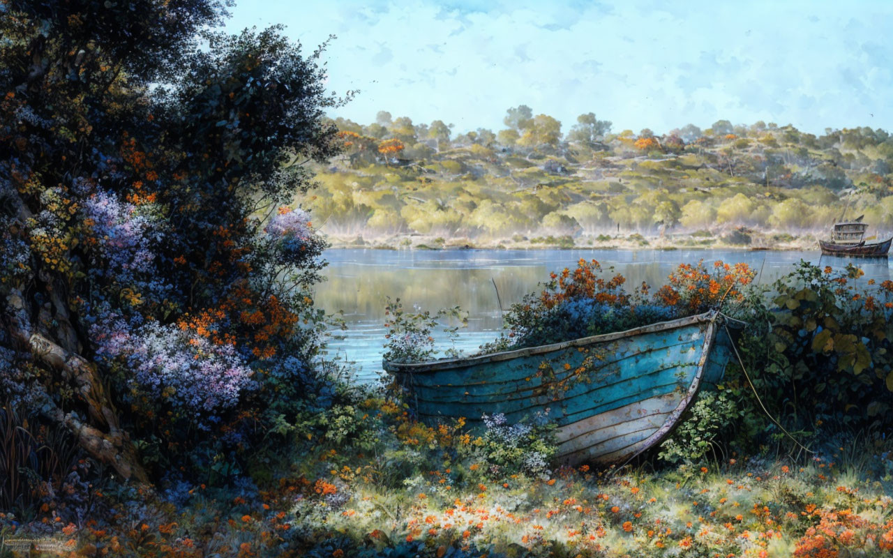 Old Blue Boat Resting on Shore Amidst Wildflowers and Calm River
