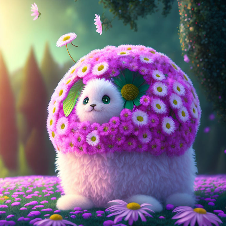 Fluffy white creature with big eyes in purple daisy-covered shell sitting in meadow