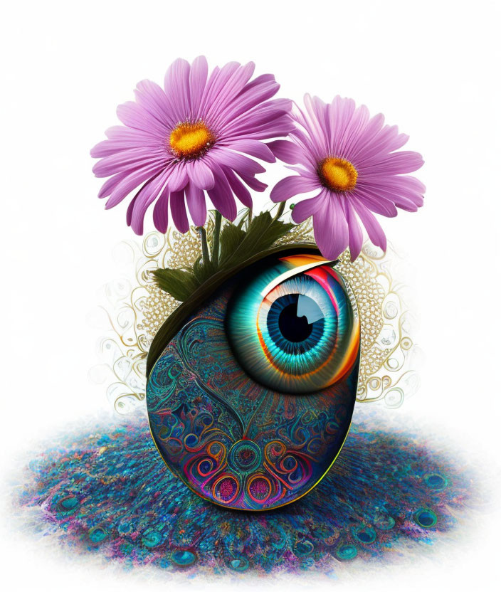 Surreal illustration of eye vase with pink daisies on textured surface
