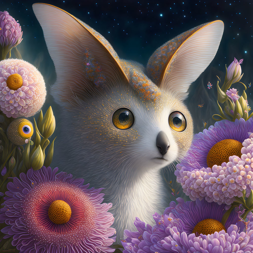 Feline and Fennec Fox Hybrid in Pink and Purple Floral Setting