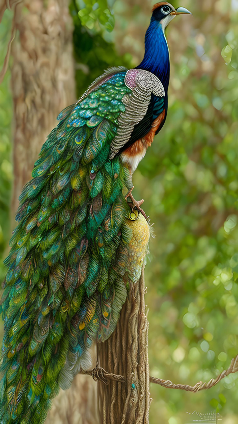 Colorful peacock perched on branch with vibrant plumage and prominent crest