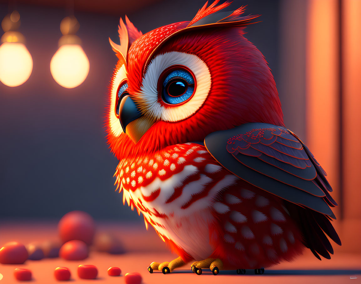 Stylized animated red owl on skateboard with blue eyes in warm lighting