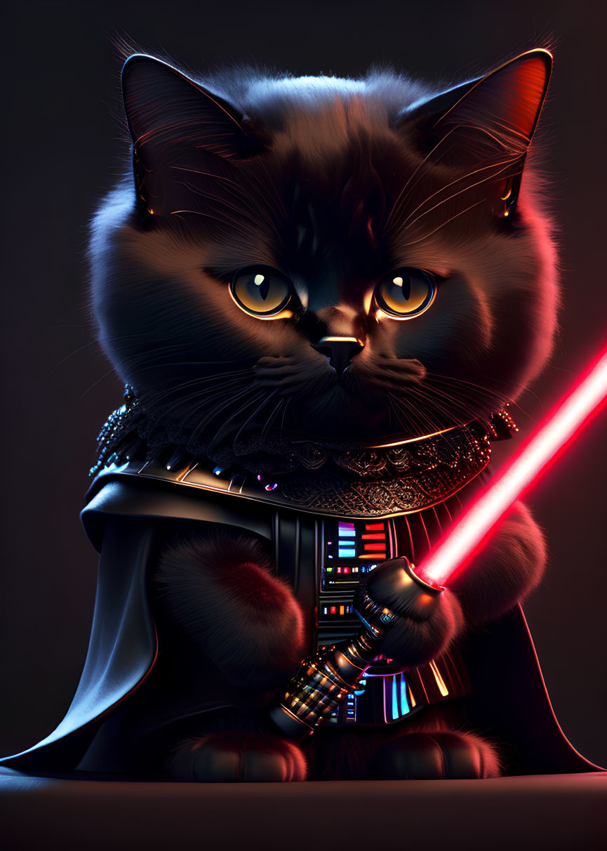 Digital Artwork: Cat as Darth Vader with Red Lightsaber