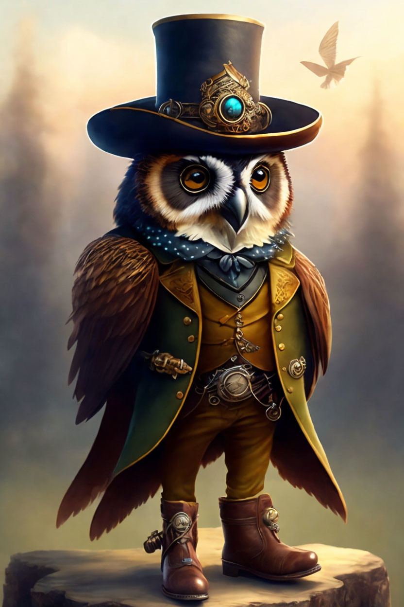 Anthropomorphic Owl in Elegant Attire with Top Hat and Monocle