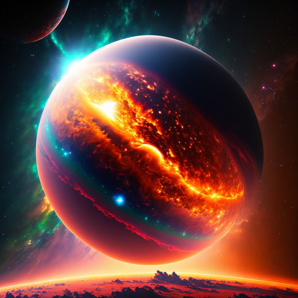 Sci-fi illustration of fiery planet under starry sky