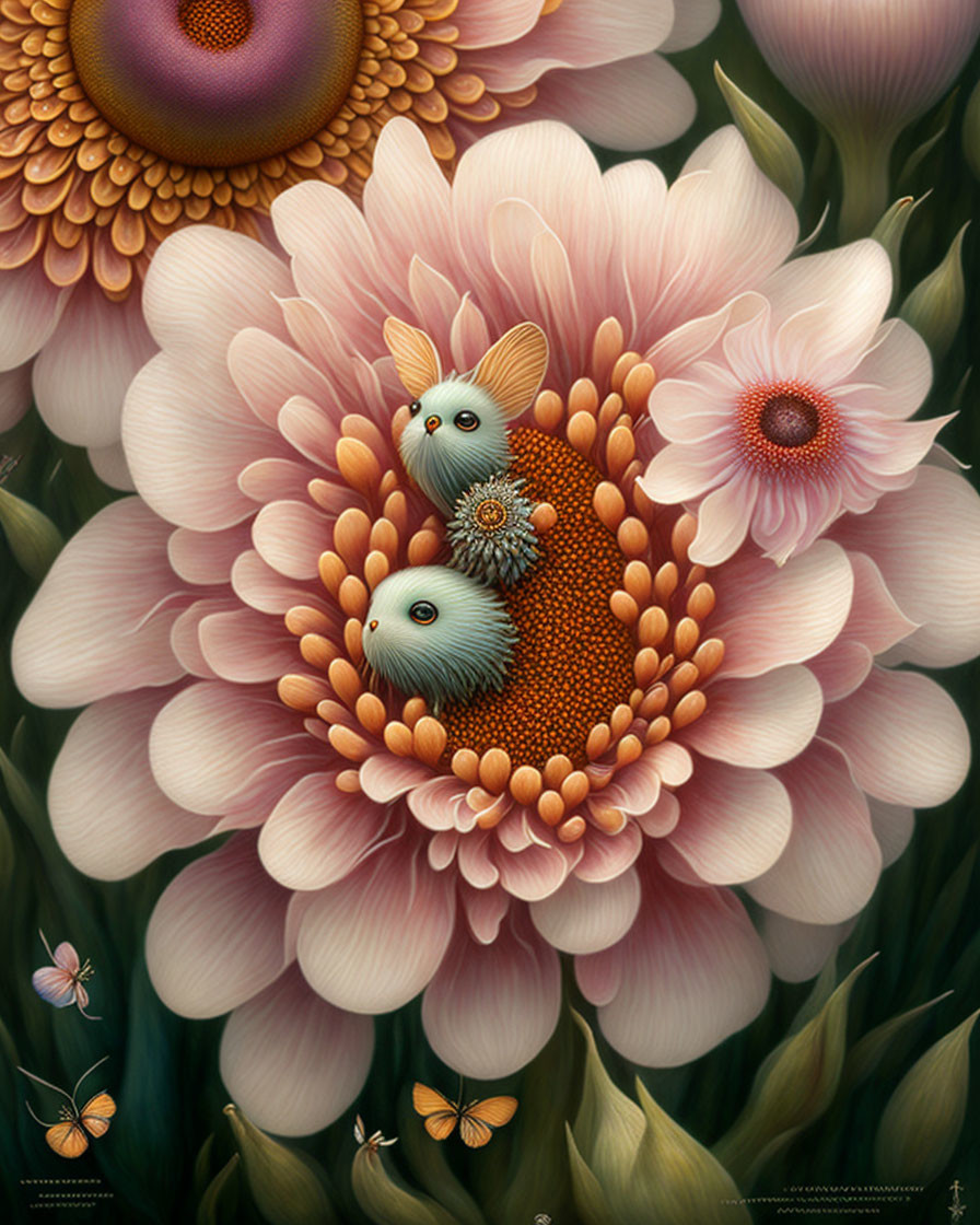 Fantastical creatures in pink flower with lush flora