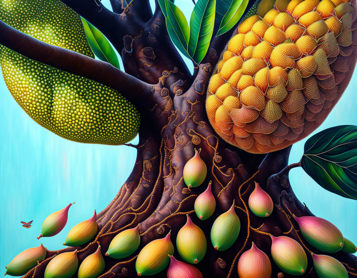Colorful stylized tree with exaggerated fruit on blue background