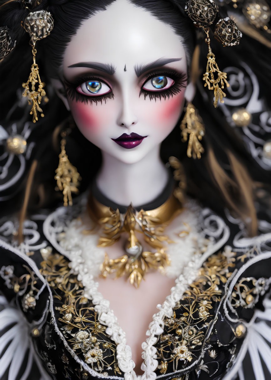 Detailed Pale Skin Doll with Striking Makeup and Ornate Attire