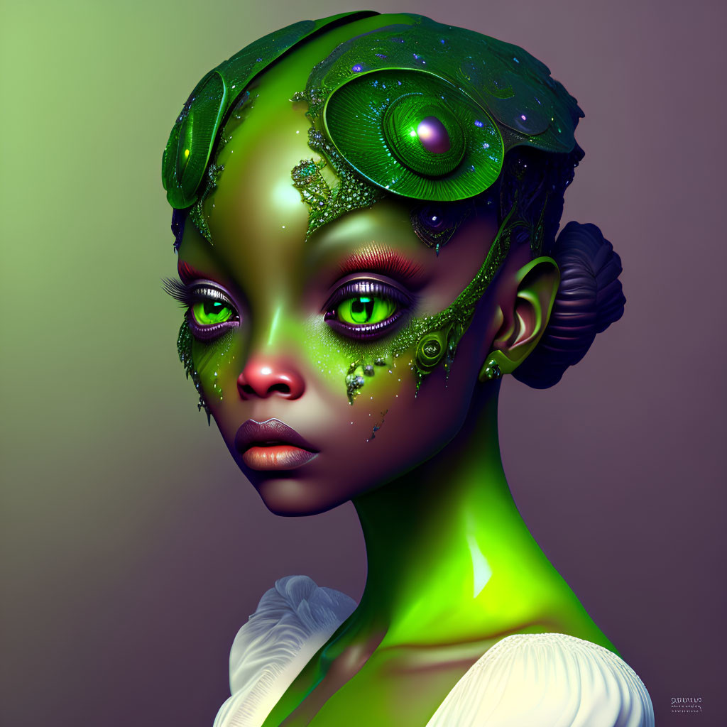 Digital Artwork: Female Figure with Green Skin and Futuristic Headgear