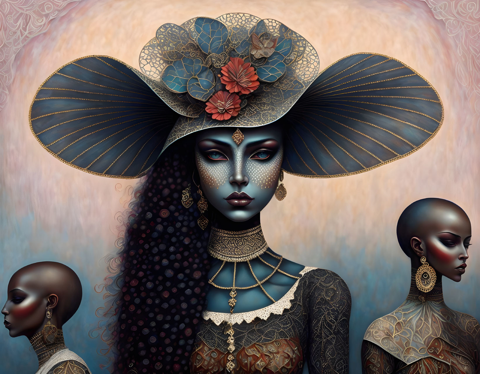 Three Stylized Women with Elaborate Headwear and Jewelry