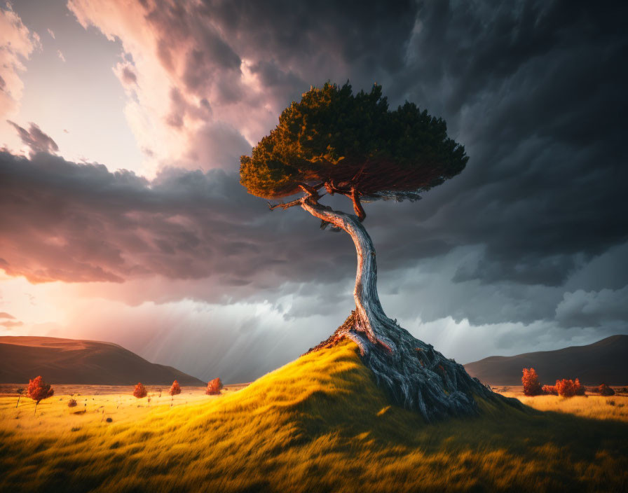 Twisted tree on grassy hill under sunlight and storm clouds